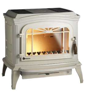 Gjutjärnskamin Bradford i emaljerat ivory från Invicta, elegant och energieffektiv kamin för hemmet.