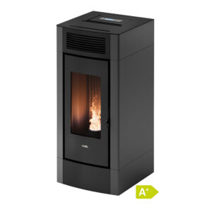 Pelletskamin CADEL Cristal 9 kW med gjutjarnsdorr, sluten forbranningskammare och modern design.